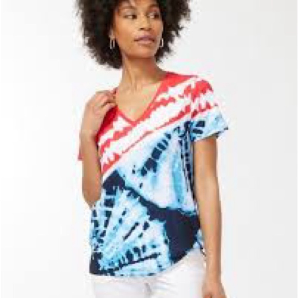 Chico’s Zenergy Tie Dye V-Neck Tee Red White Blue Stretch Top Size S